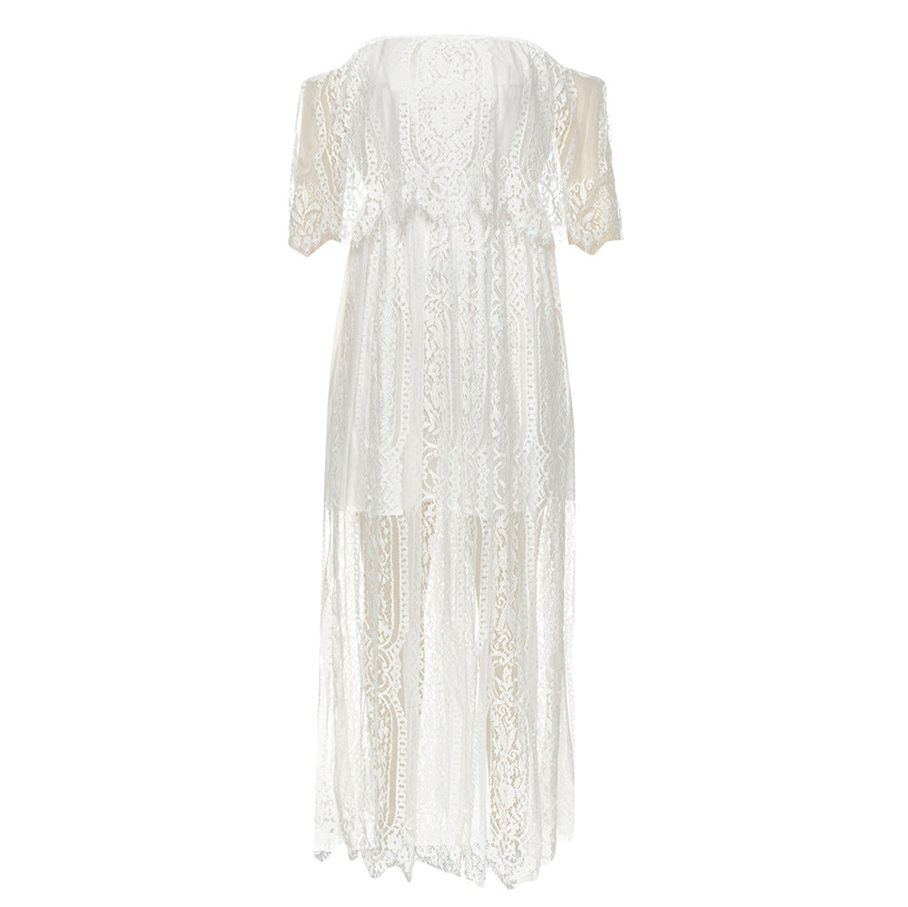 Damen Maxikleid mit eleganter Spitze und schulterfreiem Design EB