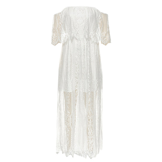 Damen Maxikleid mit eleganter Spitze und schulterfreiem Design EB
