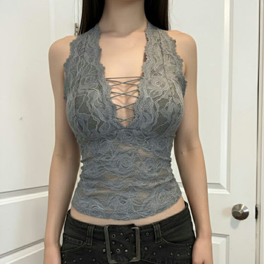 Damen Elegantes Spitzen-Haltertop mit tiefem V-Ausschnitt EB