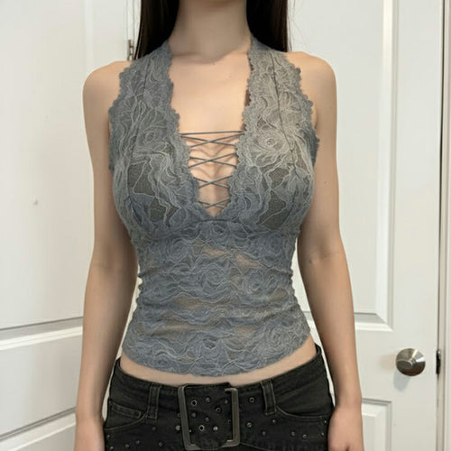 Damen Elegantes Spitzen-Haltertop mit tiefem V-Ausschnitt EB