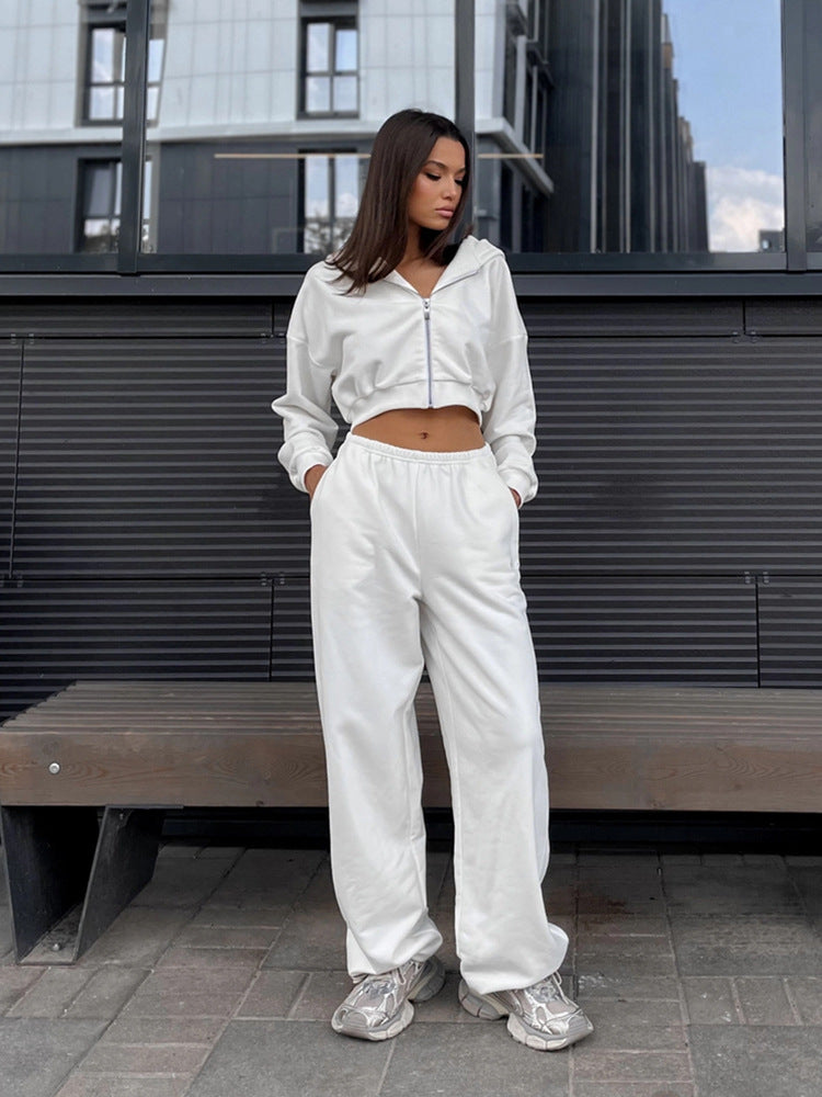 Damen Zweiteiliges Cropped-Zip-Hoodie Set mit taillenhoher Relax-Jogginghose und elastischem Bund EB