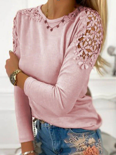 Damen nan langärmeliges Feinstrickshirt mit Häkelspitzen-Schultereinsätzen und Rundhalsausschnitt EB