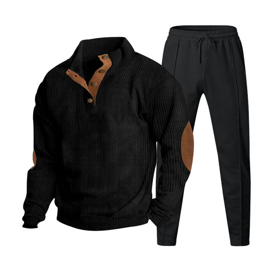 Herren Strukturiertes Henley-Loungewear-Set mit Ellenbogen-Patches & tapered Jogginghose EB