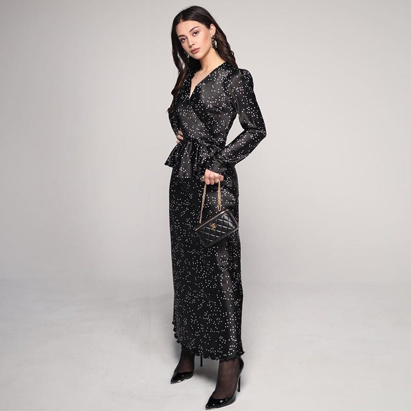 Damen elegantes Maxi-Kleid mit tiefem V-Ausschnitt und tailliertem Design EB