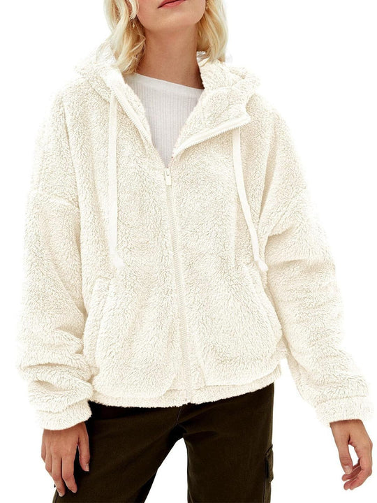 Damen Flauschige Plüschjacke mit Kapuze und Frontreißverschluss EB
