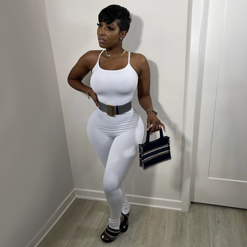 Damen Bodycon Jumpsuit mit Spaghettiträgern und figurbetontem Schnitt EB