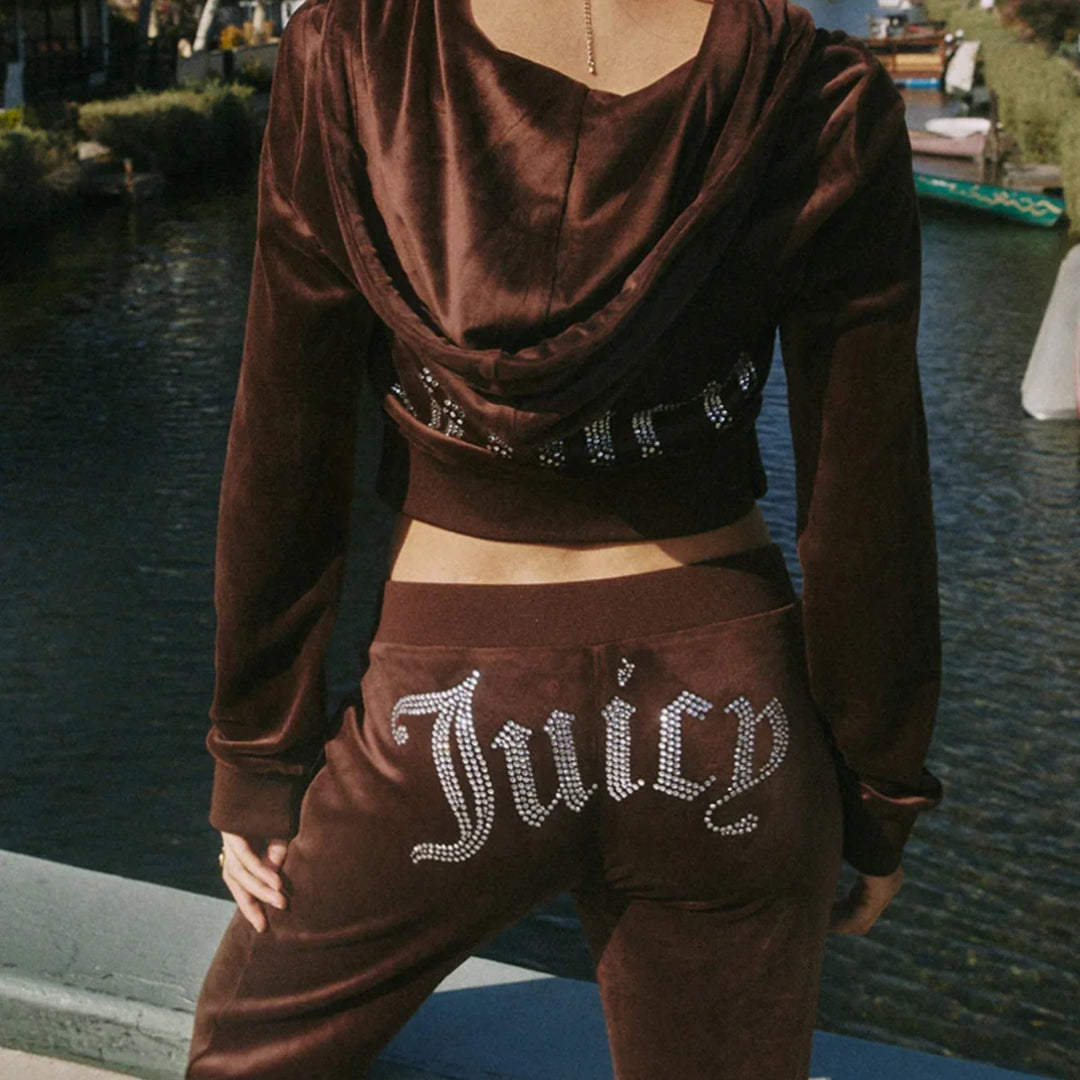 Damen nan luxuriöser Velours Trainingsanzug mit Reißverschlussjacke und Jogginghose EB
