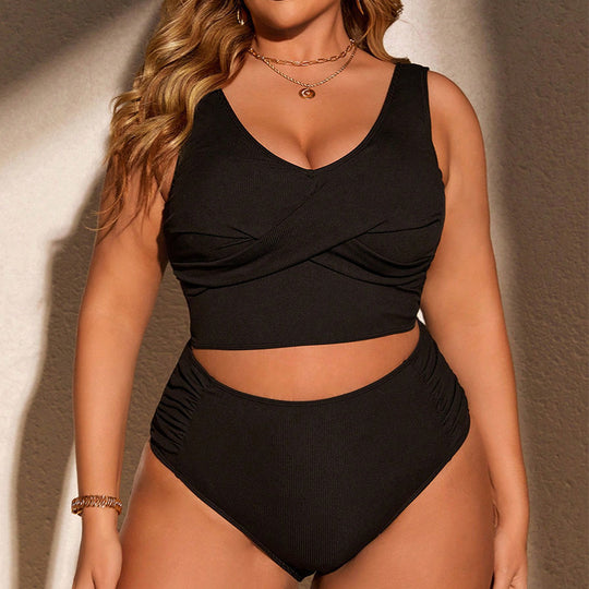 Damen Zweiteiler Badeanzug mit hoher Taille und Wickelschnitt EB