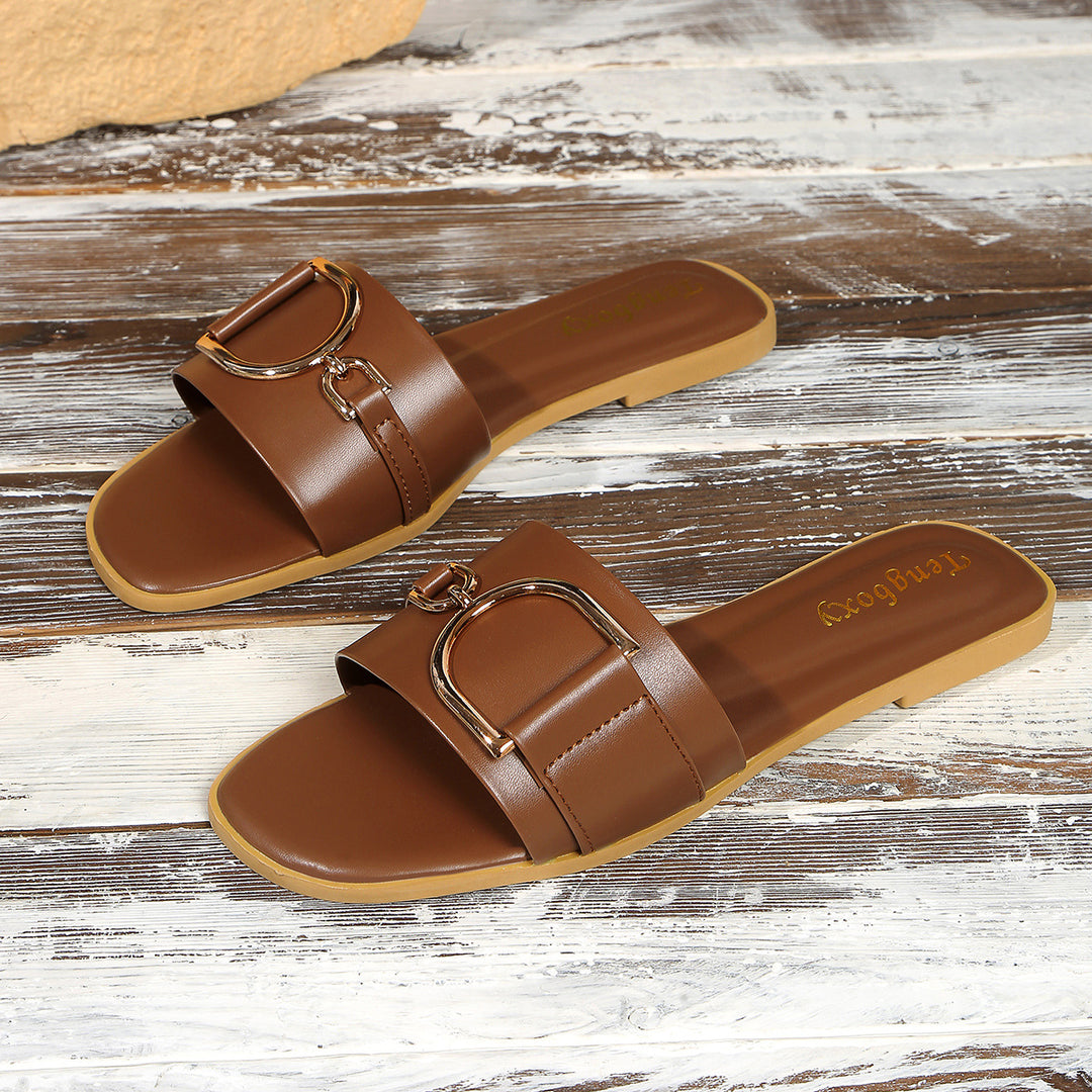 Damen elegante Slide-Pantoletten mit dekorativem Metall-Detail EB