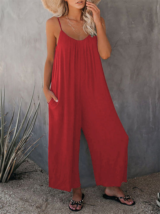 Damen Lässiger Sommer-Jumpsuit mit tiefem Ausschnitt und praktischen Taschen EB