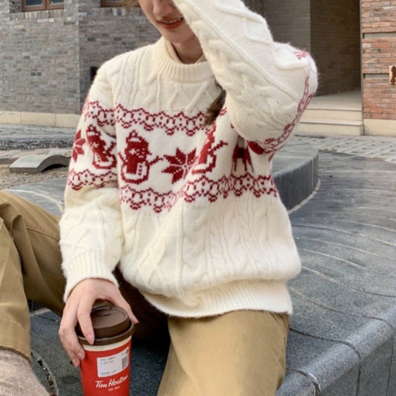 Damen Weihnachts-Pullover mit festlichem Zopfmuster und Schneemann-Motiv EB