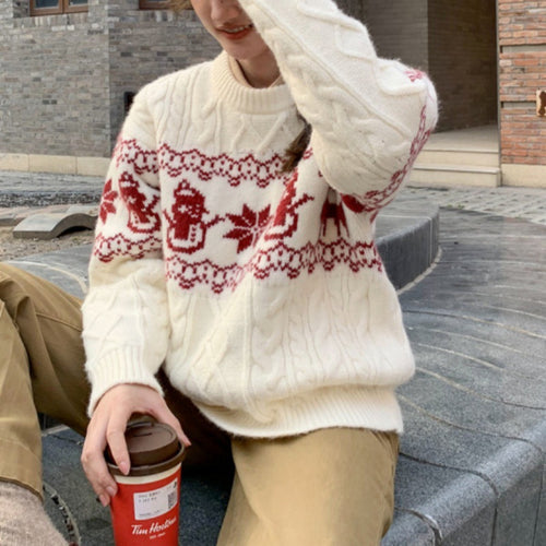 Damen Weihnachts-Pullover mit festlichem Zopfmuster und Schneemann-Motiv EB