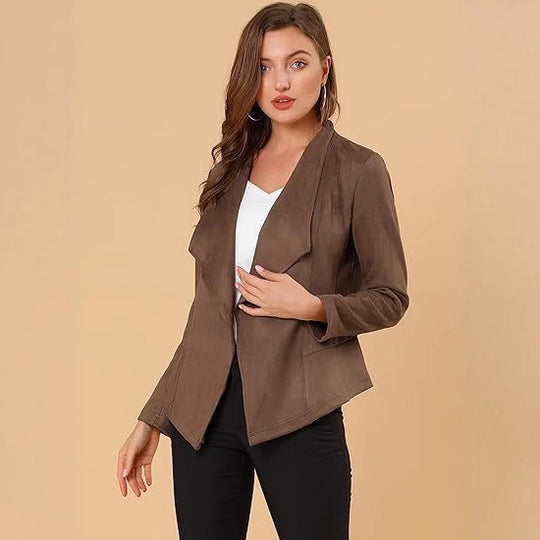 Damen modische Synthetiklederjacke mit offenem Schnitt und Taschen EB