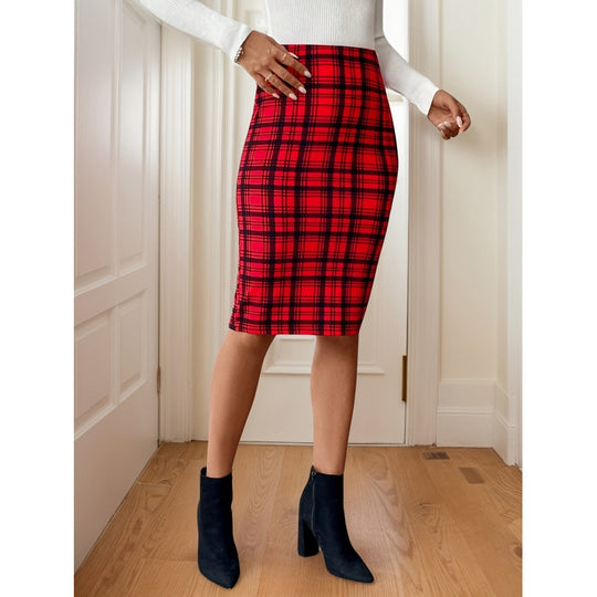 Damen Karierter Midi-Rock im Stretch-Stil mit figurbetontem Schnitt EB