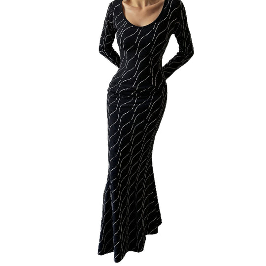 Damen nan langärmeliges Bodycon-Mermaid-Abendkleid mit Wellen-Strassbesatz EB