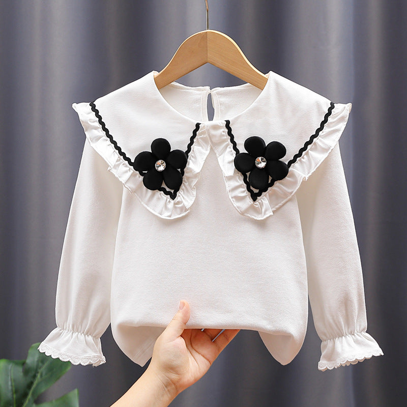 Damen Bluse mit großen Kragen und floralen Applikationen EB