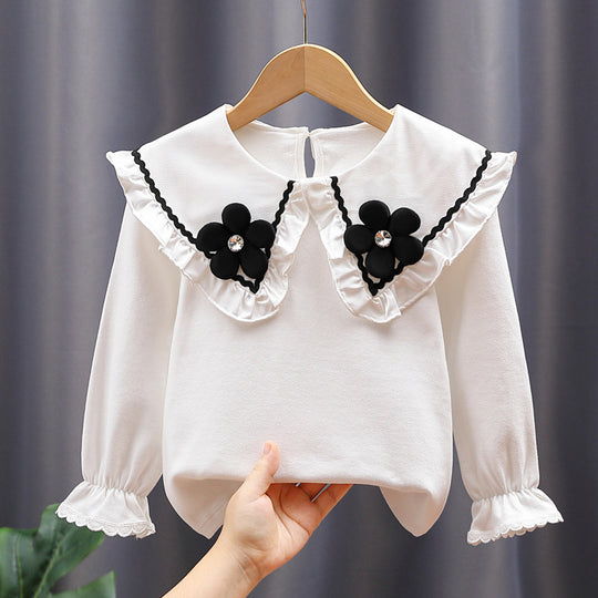Damen Bluse mit großen Kragen und floralen Applikationen EB