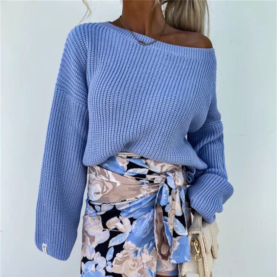 Damen gemütlicher Strickpullover mit weitem Schnitt und offener Schulter EB