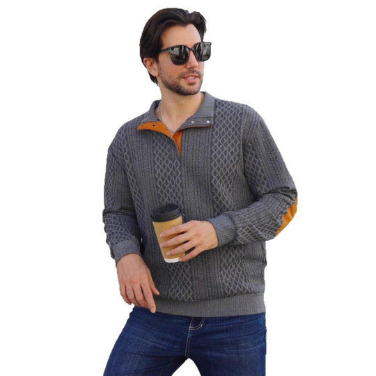 Herren nan strukturierter Henley-Pullover mit Stehkragen, Knopfleiste und Lederoptik-Ellbogenbesatz EB