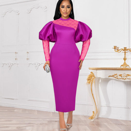 Damen Midi-Kleid mit langen Spitzenärmeln und voluminösen Puffärmeln EB