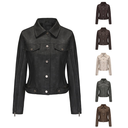 Damen modische Shortjacke aus Kunstleder mit Reißverschlussdetails EB