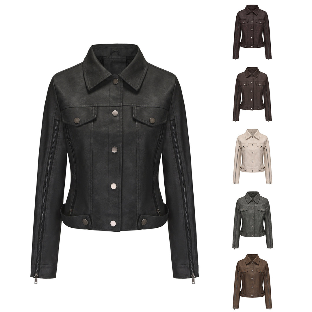 Damen nan kurze Cropped-Truckerjacke aus Wildlederoptik mit seitlichen Reißverschlüssen und aufgesetzten Brusttaschen EB