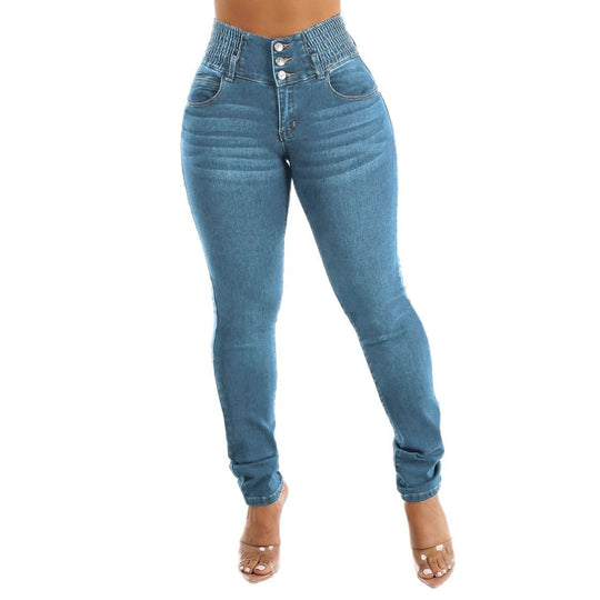 Damen Hochtaillierte Jeans mit elastischem Bund und Knopfdetails EB