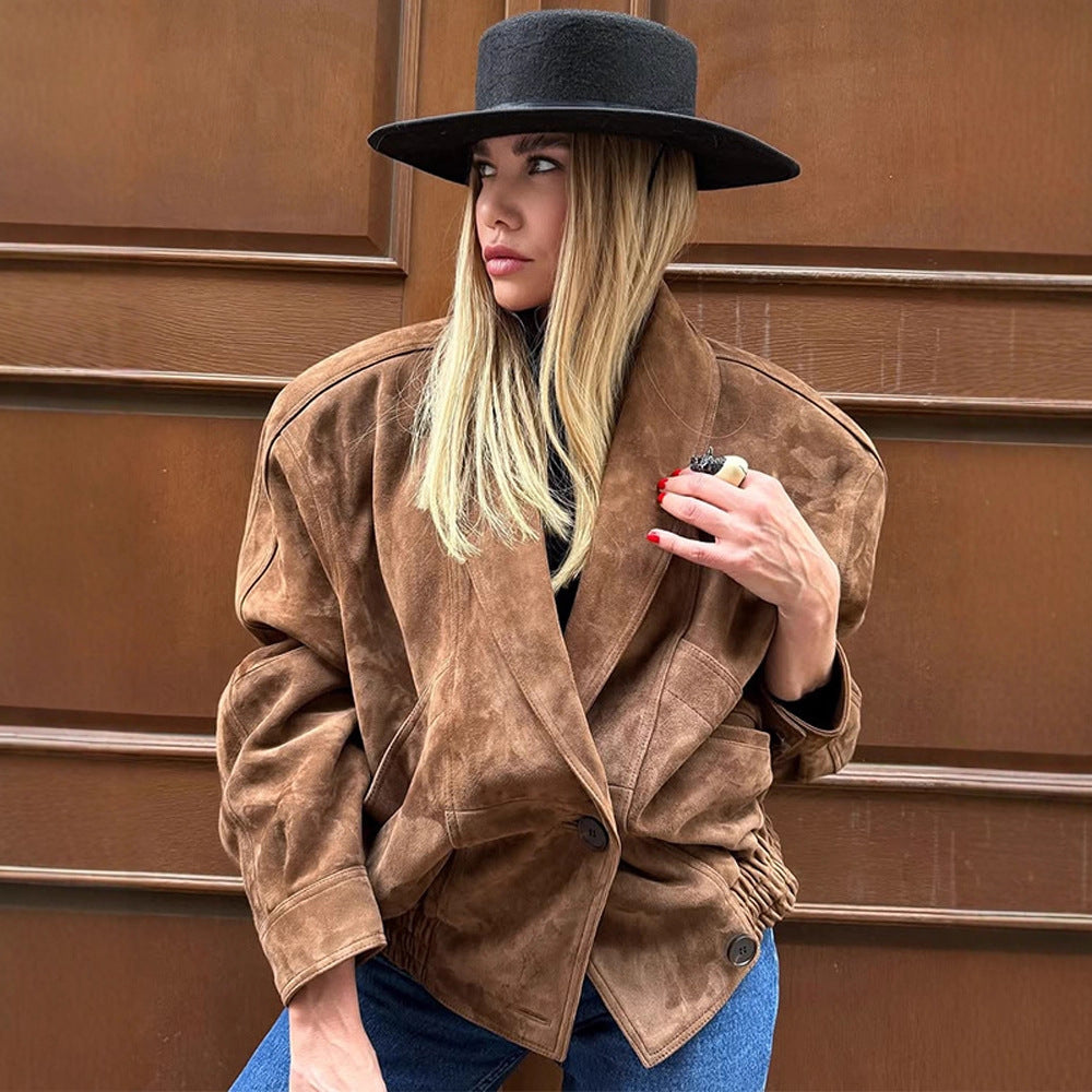 Damen Oversize Wildlederjacke mit modernem Schnitt und praktischen Taschen EB
