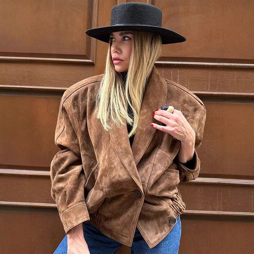 Damen Oversize Wildlederjacke mit modernem Schnitt und praktischen Taschen EB