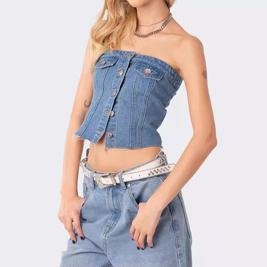 Damen Denim-Crop-Top mit gestricktem Überwurf EB
