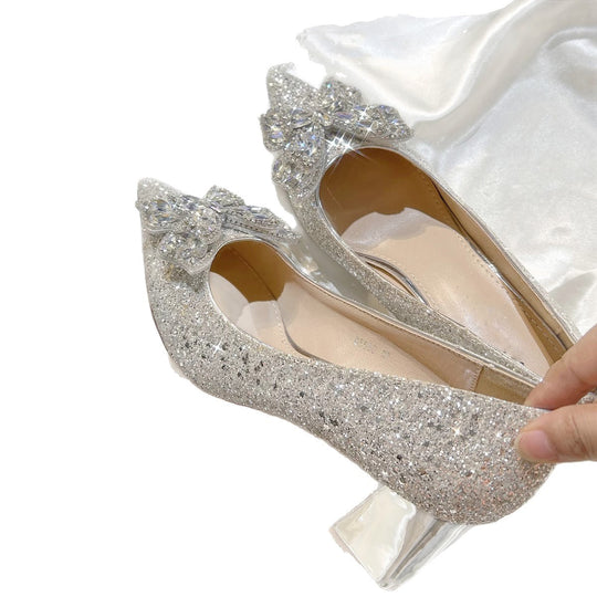 Damen spitze High Heels mit funkelndem Strass und großem Schleifenakzent EB