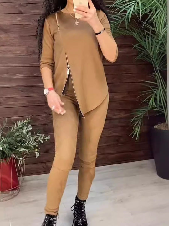 Damen modisches Sportanzug-Set mit asymmetrischem Reißverschluss EB
