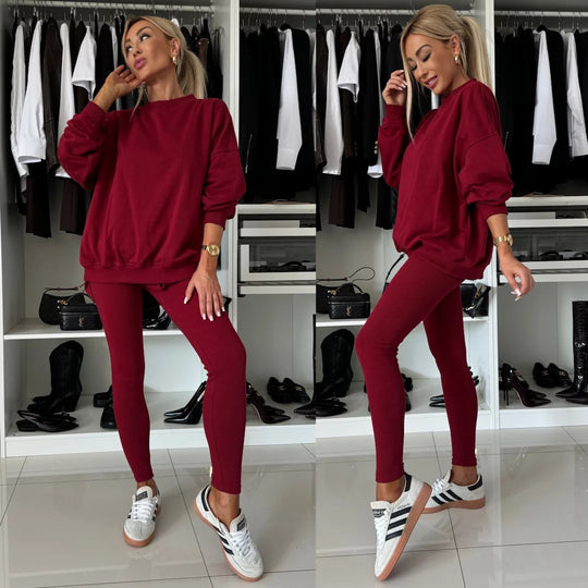Damen zweiteiliges Lounge-Set mit oversized Sweatshirt und enganliegender Rippleggings EB