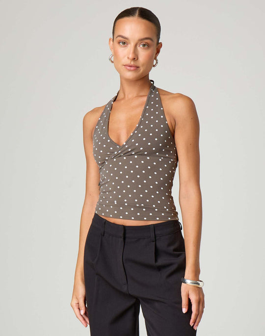 Damen Halter-Top mit Punktmuster und V-Ausschnitt EB