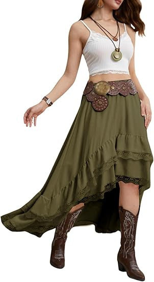 Damen Boho Maxi-Rock mit asymmetrischem Saum und Spitzenverzierungen EB