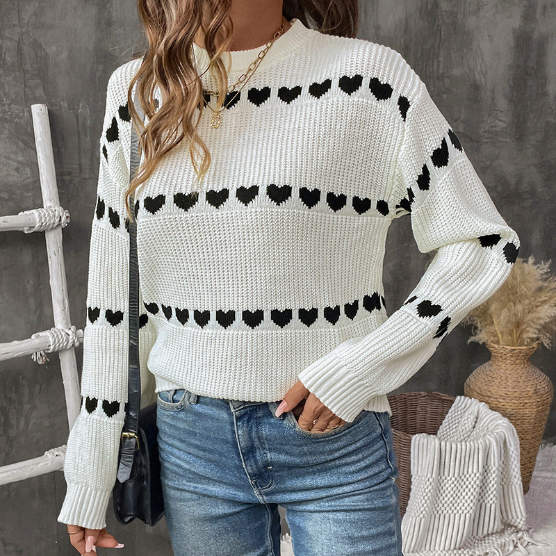 Damen Strickpullover mit Herzmuster und Rundhalsausschnitt EB