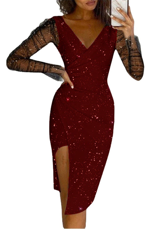 Damen elegantes Wickelkleid mit transparenten Ärmeln und schimmerndem Sternenmuster EB