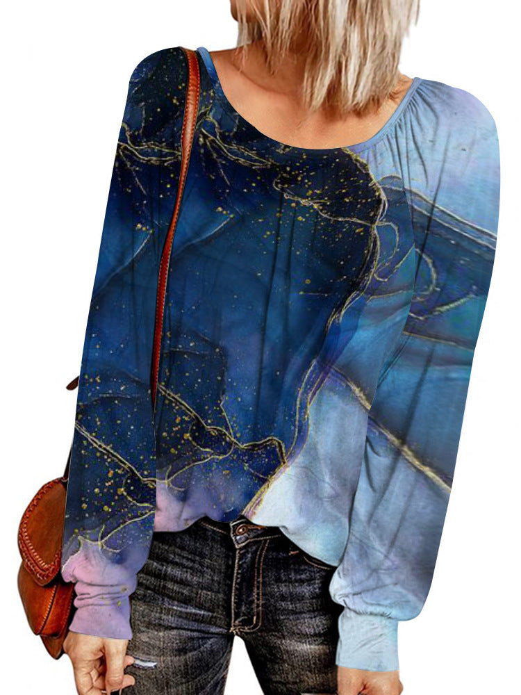 Damen Ethno-Print Oversize-Tunika mit Rundhalsausschnitt und langen Ballonärmeln EB
