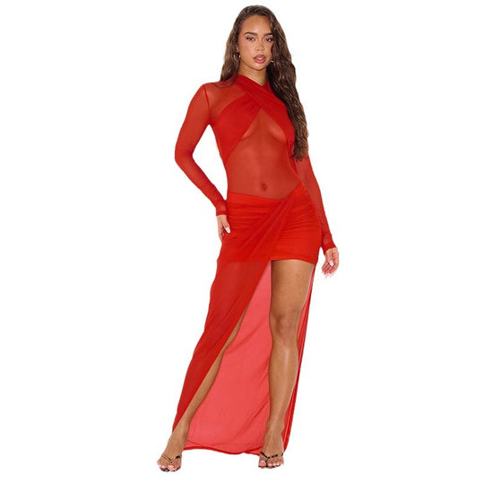 Damen Transparente Maxikleid mit Drapierungen und hochgeschlossenem Design EB