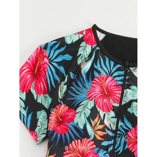 Damen Surf-Badeanzug-Set mit floralem Kurzärmel-Oberteil und komfortablen Shorts EB