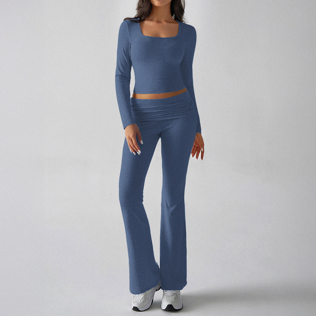 Damen nan figurbetontes Cropped-Set mit langärmeligem Top mit quadratischem Ausschnitt und ausgestellter High‑Waist Yoga-Hose EB
