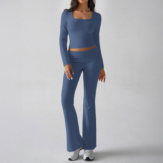 Damen nan figurbetontes Cropped-Set mit langärmeligem Top mit quadratischem Ausschnitt und ausgestellter High‑Waist Yoga-Hose EB