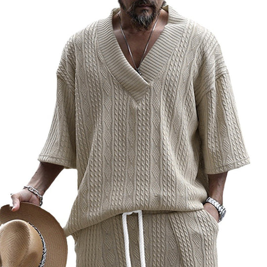 Herren nan großzügiger Grobstrick-Pullover mit tiefem V-Ausschnitt und dreiviertel Ärmeln EB