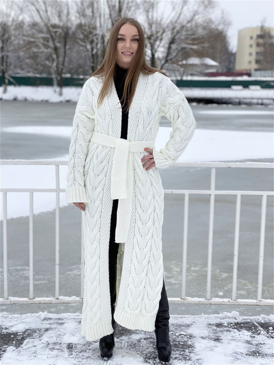 Damen Grobstrick-Mantel mit markantem Zopfdesign und offenem Schnitt EB