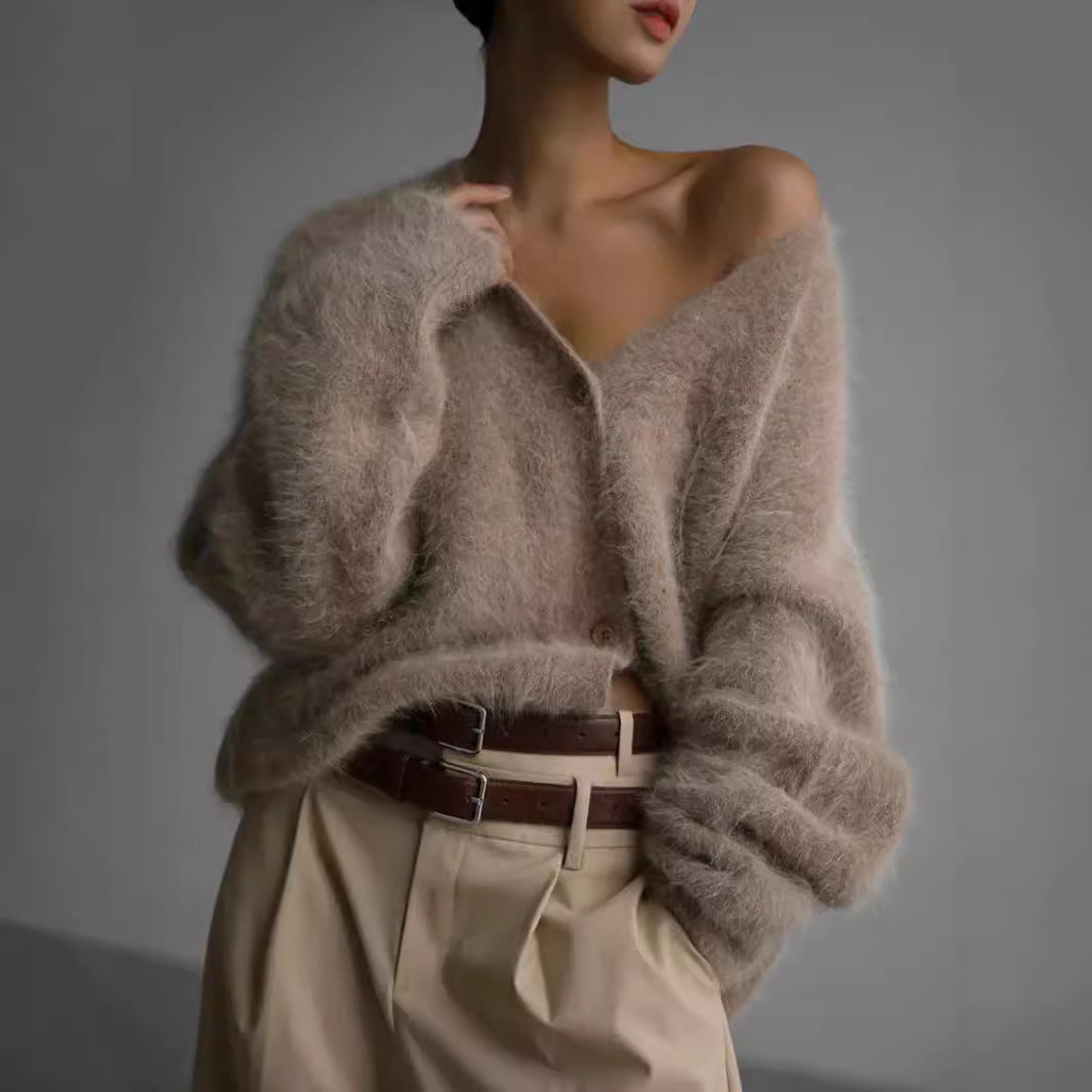 Damen gemütlicher Strickcardigan mit weichem Flauschmaterial und modischem Knopfdetail EB