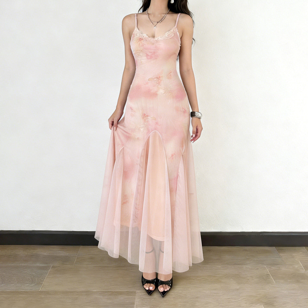 Damen elegantes Maxikleid aus transparenter Spitze und floralem Design EB