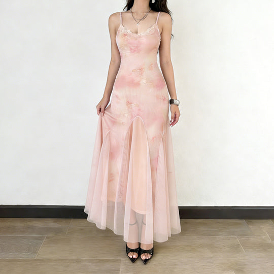 Damen elegantes Maxikleid aus transparenter Spitze und floralem Design EB