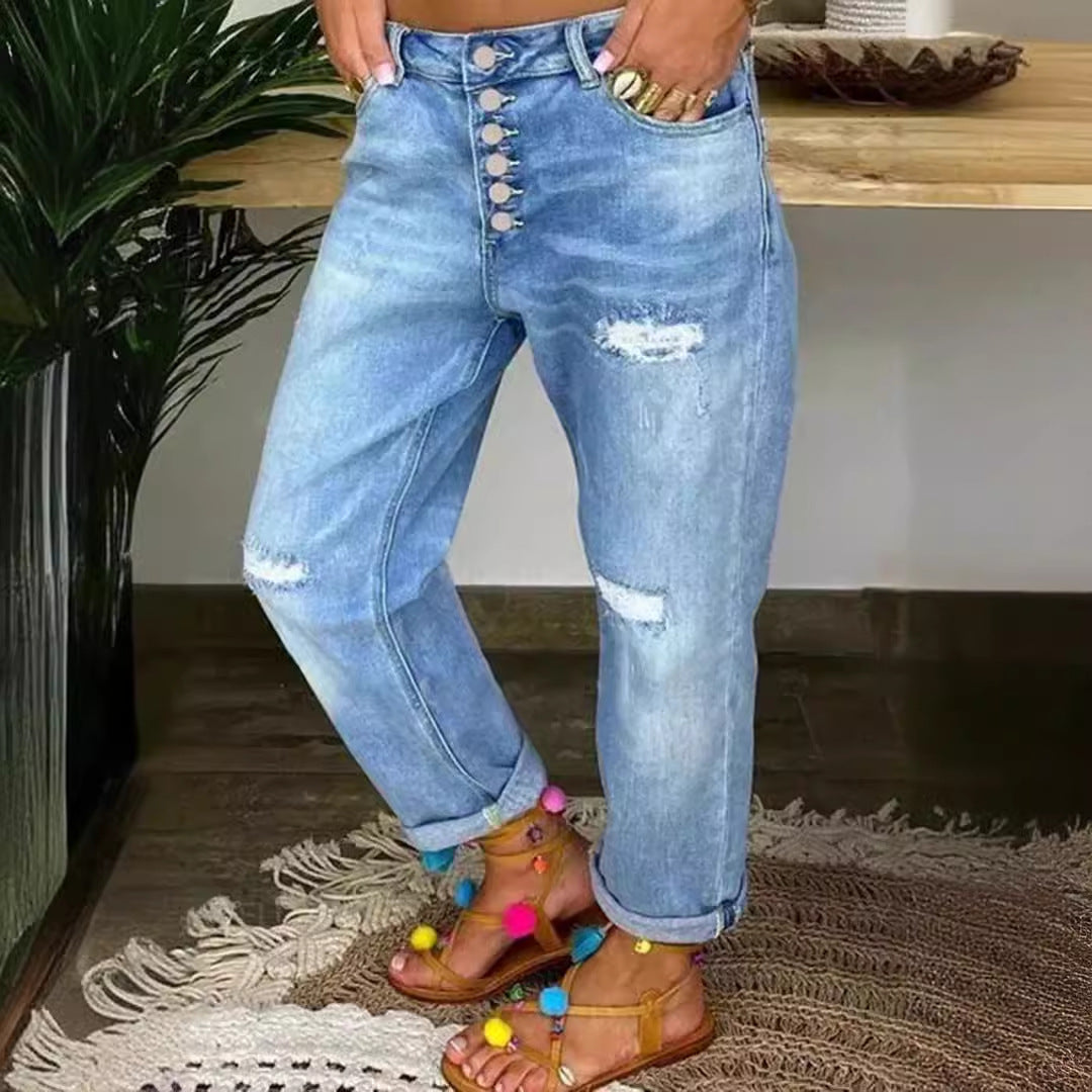 Damen Mom-Jeans mit Knopfverschluss und stylischen Distressed-Details EB
