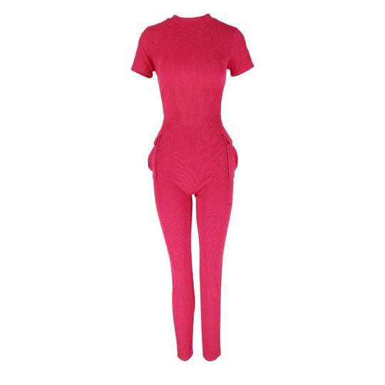 Damen figurbetontes Jumpsuit mit hohem Kragen und Seitentaschen EB