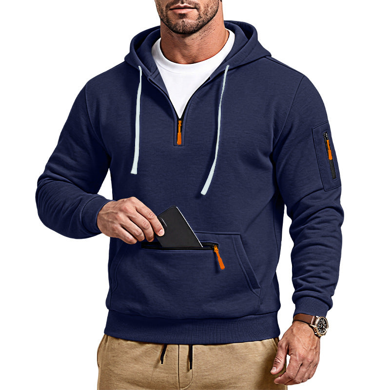 Herren sportlicher Kapuzenpullover mit halbem Reißverschluss und verschließbarer Kängurutasche EB